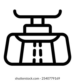 Simple line icon of a cable car moving on a ropeway, transporting tourists or commuters over a road in a mountainous area