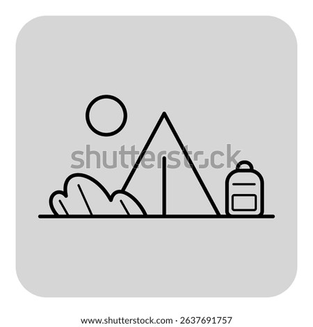 Simple line icon of camping area with tent, backpack, and sun above. Concept of outdoor adventure and leisure time spent in nature