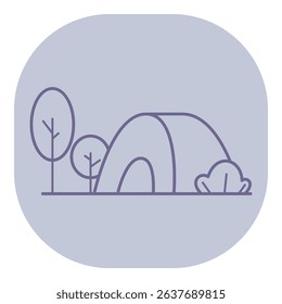 Simple line icon of camping scene with tent, surrounded by trees and shrubs. Outdoor adventure and serene landscapes concept