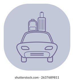 Simple line icon of car with two pieces of luggage stacked on top. Preparation for journey or vacation, highlighting excitement of travel