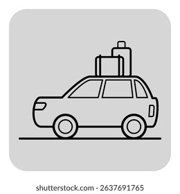 Simple line icon of car with two pieces of luggage on its roof, symbolizing preparation for road trip or vacation. Travel concept