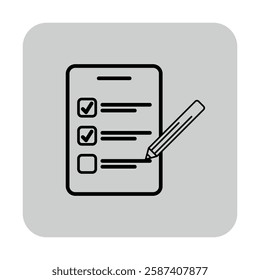 Simple line icon of checklist, with boxes for marking completion and pencil. Ideal for educational contexts and productivity tracking