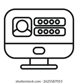 Icône en ligne simple d'un écran d'ordinateur affichant un identifiant d'utilisateur avec des points de mot de passe et une icône d'avatar