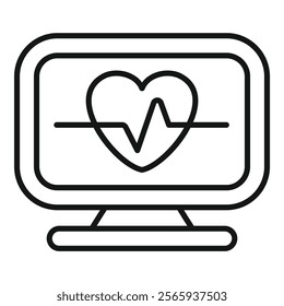 Simple line icon of a computer showing a heartbeat line and a heart shape on the screen for healthcare monitoring