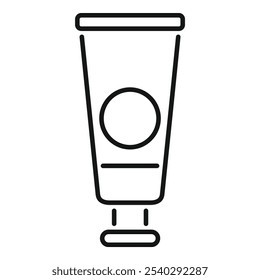 Simple line icon of cosmetic tube standing on round podium, isolated vector illustration