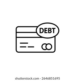 Simple line icon of a credit card labeled with debt indicating financial obligation.