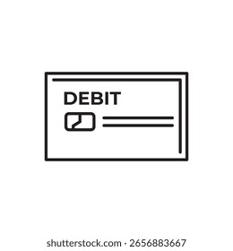 Icono de línea simple de una tarjeta de débito con chip y etiqueta de texto. Ideal para App bancarios, financieros, sistemas de pago e ilustraciones de billetera digital.