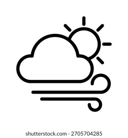 A simple line icon depicting a cloud partially obscuring the sun, with stylized wind lines indicating movement. Weather Forecast and Season single line icon UI design.
