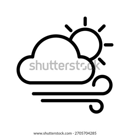 A simple line icon depicting a cloud partially obscuring the sun, with stylized wind lines indicating movement. Weather Forecast and Season single line icon UI design.