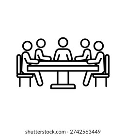 Simple line icon depicting people sitting around a table, symbolizing a business meeting, team discussion, collaboration, conference, or group work. Ideal for corporate communication and teamwork concepts.