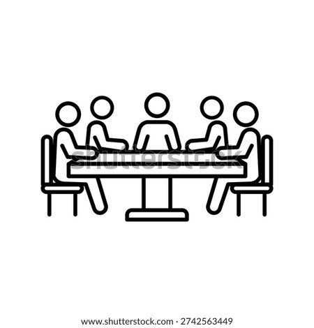 Simple line icon depicting people sitting around a table, symbolizing a business meeting, team discussion, collaboration, conference, or group work. Ideal for corporate communication and teamwork concepts.