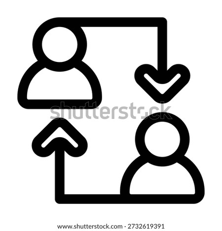 Simple line icon depicting two abstract figures represented by circle heads and curved bodies, connected by a double-headed arrow. Illustrates peer-to-peer (P2P) networking, communication, connection, and data exchange between users.