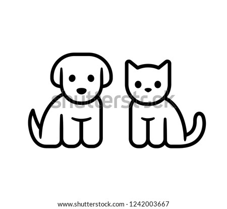 Simple line icon design of puppy and kitten. Cute little cartoon dog and cat vector illustration. Vet or pet shop logo.