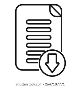 Simple line icon of a document being downloaded, representing digital file transfer