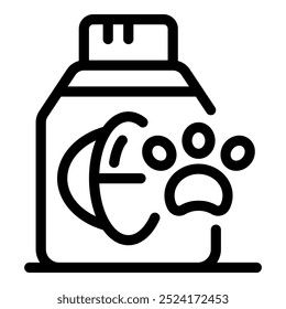 Simple line icon of a dog food bag featuring a fish skeleton and a paw print, representing a balanced diet