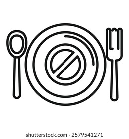 Simple line icon of an empty plate with cutlery and a stop sign, representing the concept of intermittent fasting and mindful eating