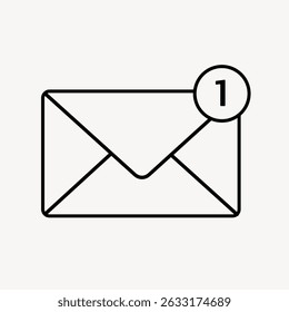 Simple line icon of an envelope with a notification badge. Email icon with a new message alert. Envelope and notification symbol on a plain background. Cute illustration vector.