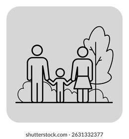 Simple line icon of family consisting of mother, father, and child holding hands. Trees and bushes, creating natural environment