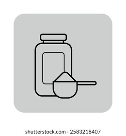 Simple line icon featuring container filled with powdered substance and scoop. Drug dosage, pharmacy concept