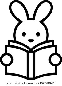 A simple line icon featuring a cute cartoon rabbit reading an open book
