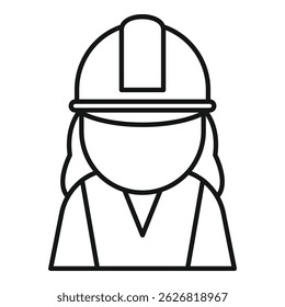 Simple line icon of a female construction worker wearing a hard hat, representing safety and expertise in the construction industry