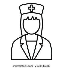 Simple line icon of a female healthcare worker wearing scrubs and a nurse hat