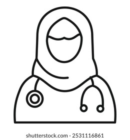 Simple line icon of a female medical professional wearing hijab and a stethoscope