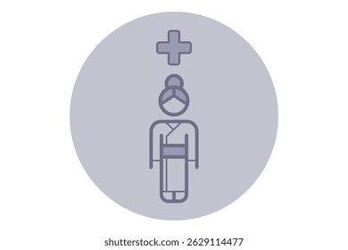 Simple line icon of figure in traditional attire with medical cross symbol above. Healthcare and wellness concept