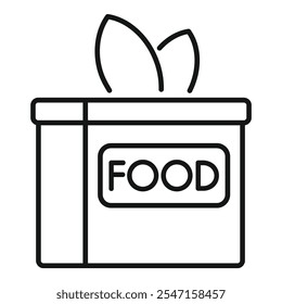 Simple line icon of a food donation box with leaves growing from it, representing sustainability and fighting hunger with fresh produce