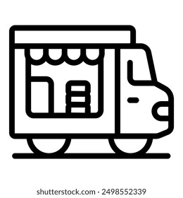 Simple line icon of a food truck selling street food, a mobile shop on wheels