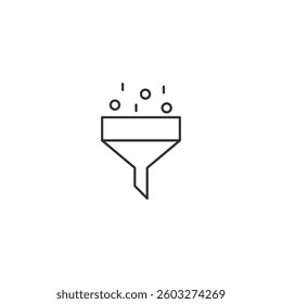 Simple line icon of funnel with falling particles.