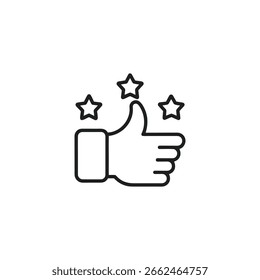 Un icono de línea simple de una mano que da un pulgar hacia arriba con tres estrellas por encima de ella, aislado en un fondo blanco.