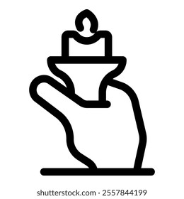 Simple line icon of a hand holding a burning candle, representing hope, remembrance, or faith