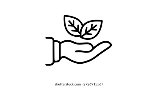 Icono de línea simple de hojas de mano para temas de sostenibilidad ambiental