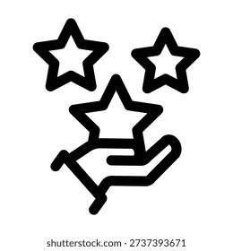 A simple line icon of a hand palm-up holding three five-pointed stars, symbolizing a top rating, high-quality service, or offering a reward.