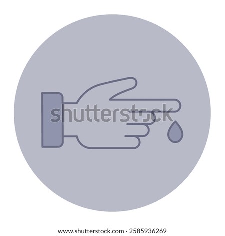 Simple line icon of hand pointing with droplet of liquid suspended from fingertip. Health, hygiene and medical attention concept