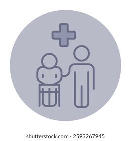 Simple line icon of healthcare provider assisting patient seated in wheelchair. Compassion and medical support in healthcare environments concept