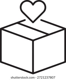 Icono de línea simple de un corazón cayendo en una caja abierta, que simboliza la donación, la caridad, la donación o la entrega reflexiva.