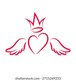 Sencillo icono de línea corazón con alas y corona que simboliza el amor real y el romance. Diseño elegante minimalista adecuado para logotipos, marca, invitaciones de boda, gráficos de San Valentín.