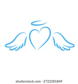 Einfache Linie Symbol Herz mit Flügeln und Heiligenschein symbolisiert ewige Liebe. Minimal elegantes Design für Logos, Branding, Hochzeitseinladungen, Valentinstag-Grafiken.
