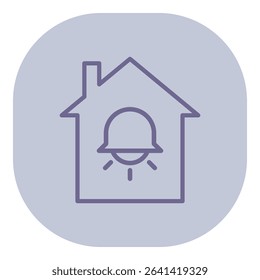 Simple line icon of house with bell symbolizing security features. Protective measures for residential safety concept