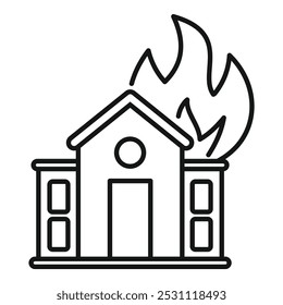 Simple line icon of a house on fire, representing concepts like insurance claims and property damage