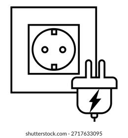 Simples ícone de linha ilustração de uma tomada de parede elétrica com um plugue de energia e símbolo de relâmpago, adequado para energia, eletricidade, segurança e conceitos de tecnologia.