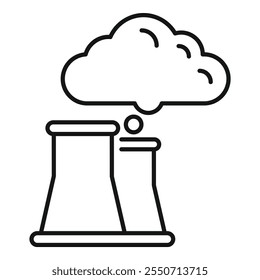 Ilustración de icono de línea simple de una torre de enfriamiento de fábrica que libera contaminación a la atmósfera