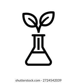 Icono de línea simple de un frasco de laboratorio con una planta germinada, que simboliza la ciencia y la naturaleza