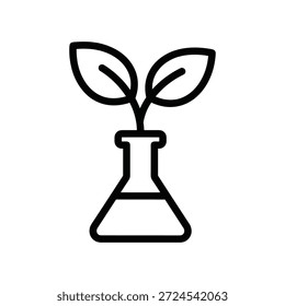 Icono de línea simple de un frasco de laboratorio con hojas que simbolizan la ciencia y la naturaleza