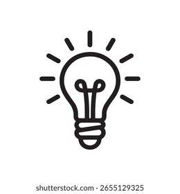 Simples ícone de linha de uma lâmpada com raios radiantes, simbolizando ideias, inovação e brilho.