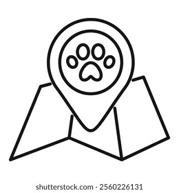 Simple line icon of a location pin pointing to a pet paw print on a map, perfect for representing dog parks, pet stores, or other pet related locations