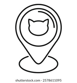 Simple line icon of a location pin with a cat's face inside, representing a place related to cats