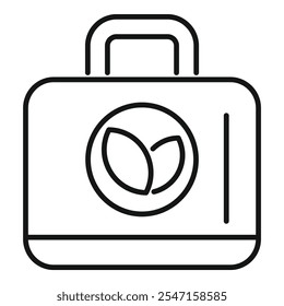 Simple line icon of a lunch box with leaves, representing the concept of healthy eating and sustainability
